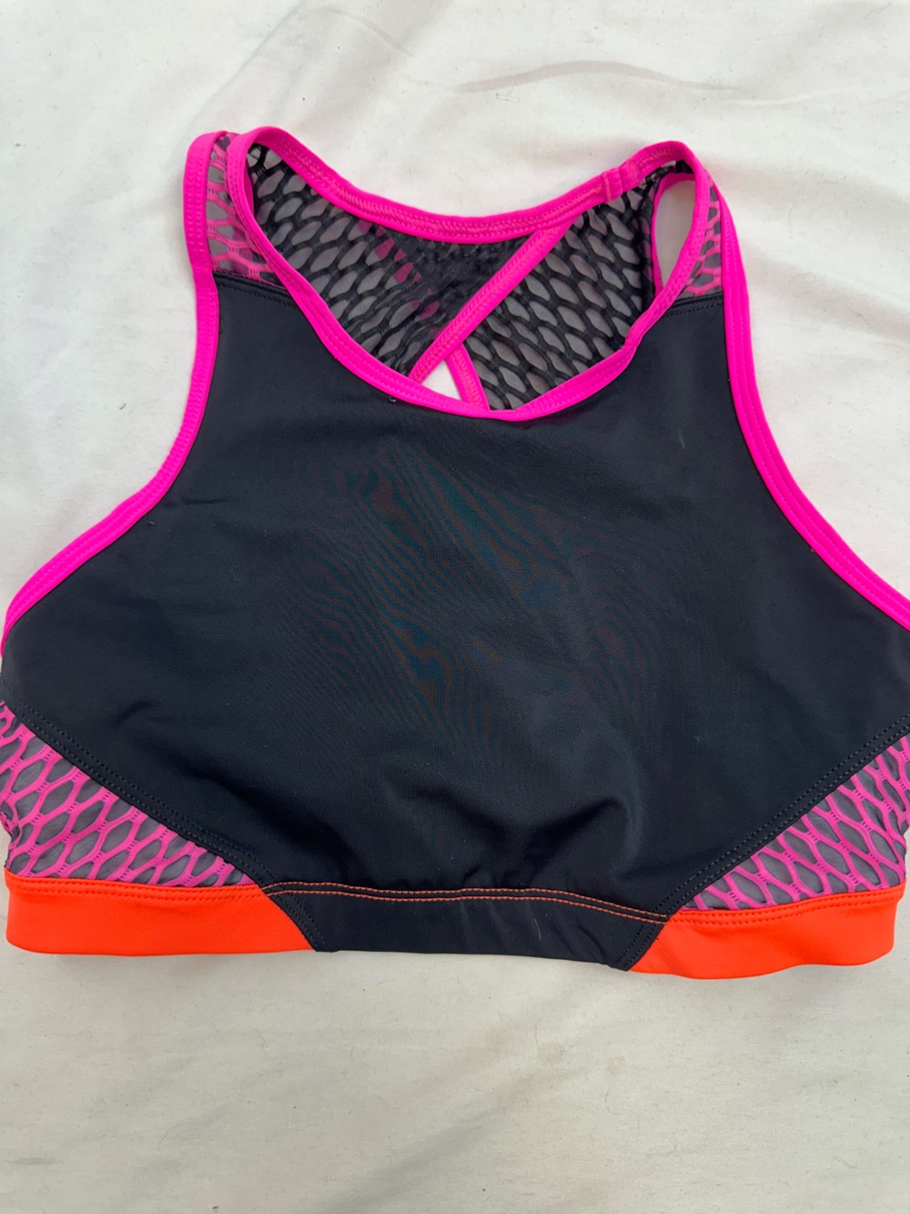 With High-Neck Black Sports Bra with Pink Trim and Orange Band